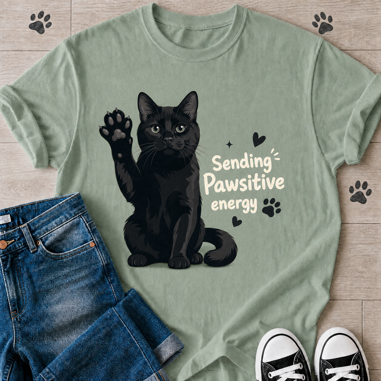 Sending Pawsitive Vibes Cat Graphic T-Shirt