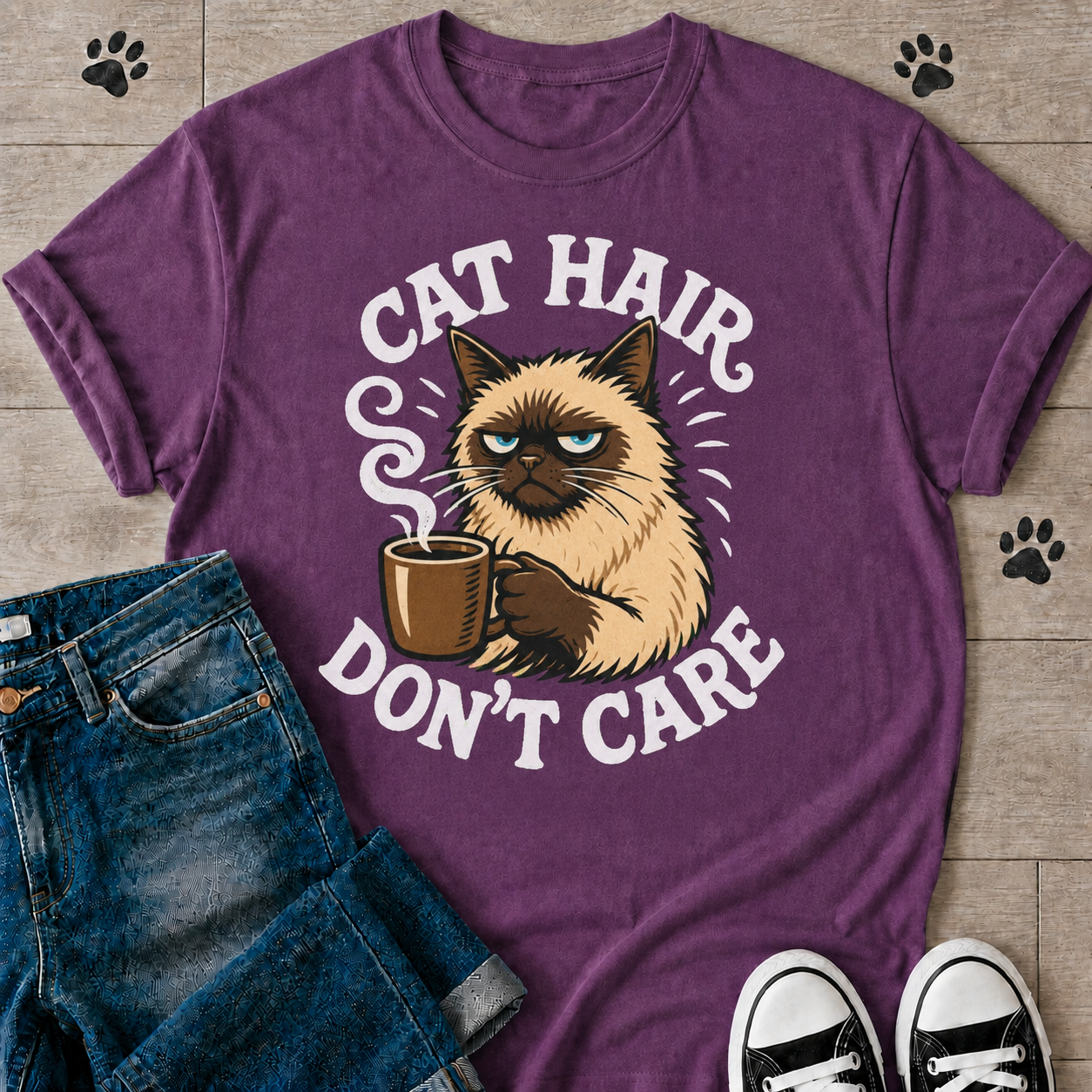 Cat Hair Don’t Care T-Shirt — Cute Grumpy Cat Coffee Tee for Cat Lovers