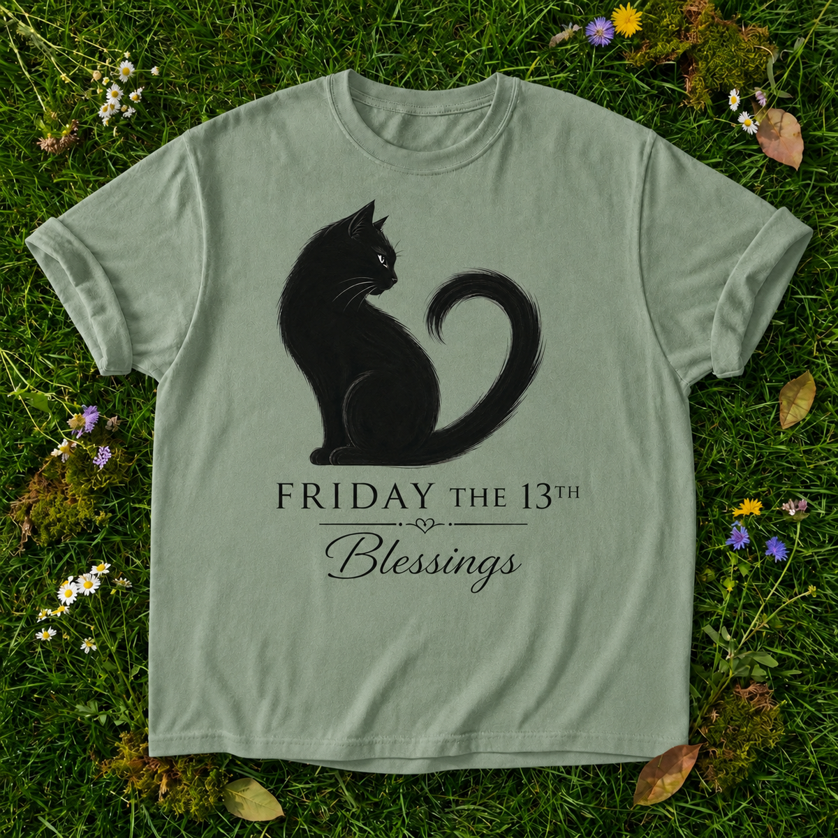 Friday the 13th Blessings Cat T-Shirt in Bay on grass
