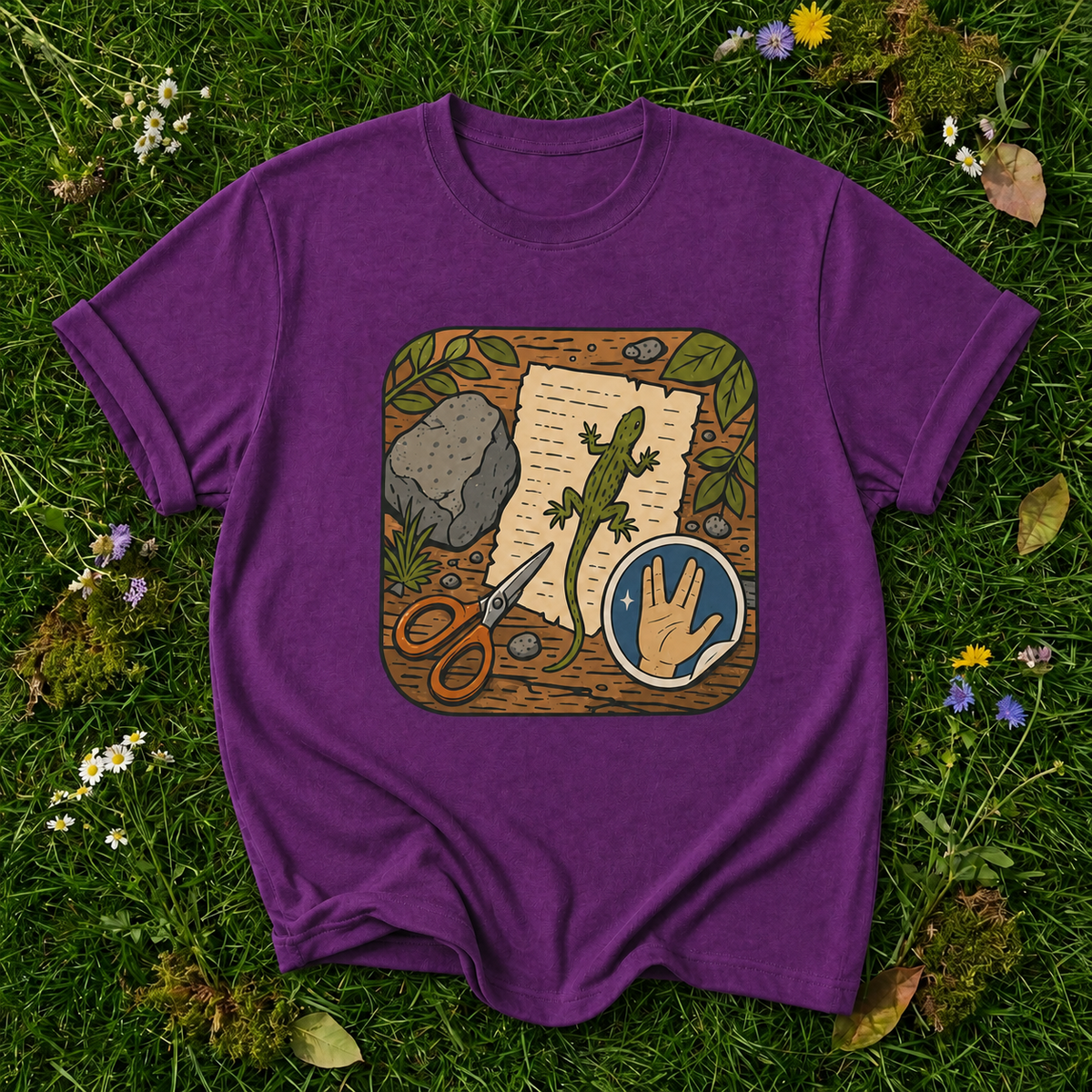 Rock Paper Scissor Lizard Spock T-shirt in Berry on botanical grass with original garment fold