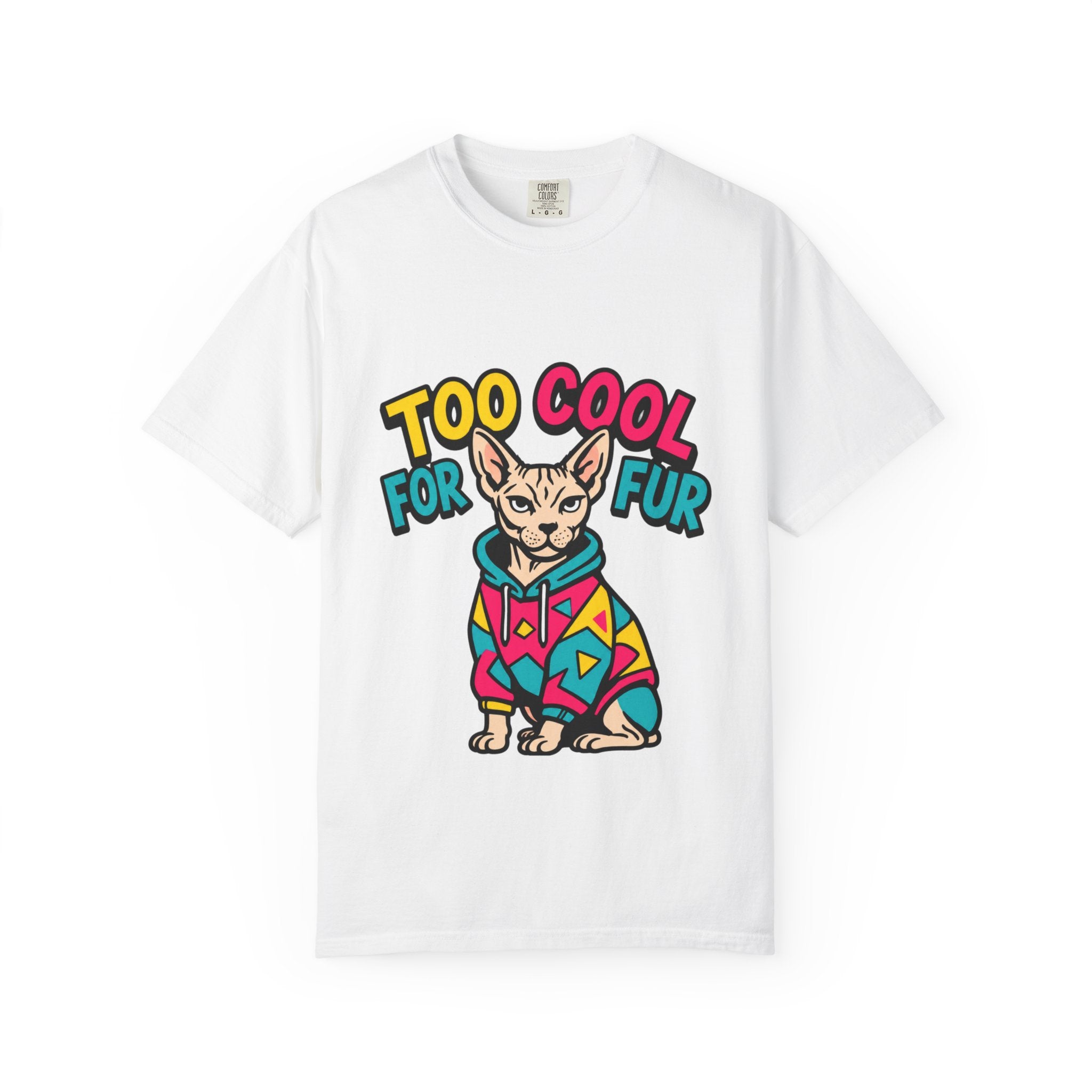 Too Cool for Fur Sphynx Cat T-Shirt — Retro Colorblock Graphic Tee