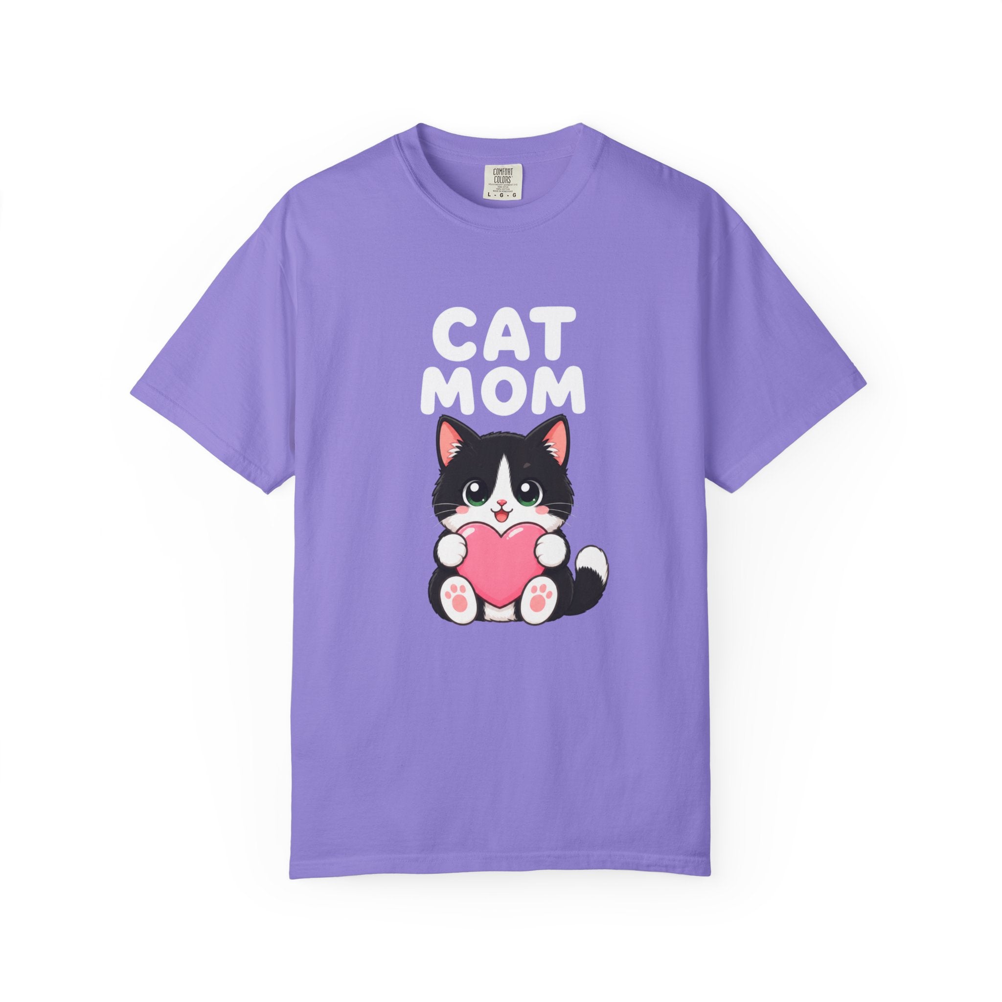Cat Mom T-Shirt — Cute Tuxedo Kitten Holding Heart Graphic