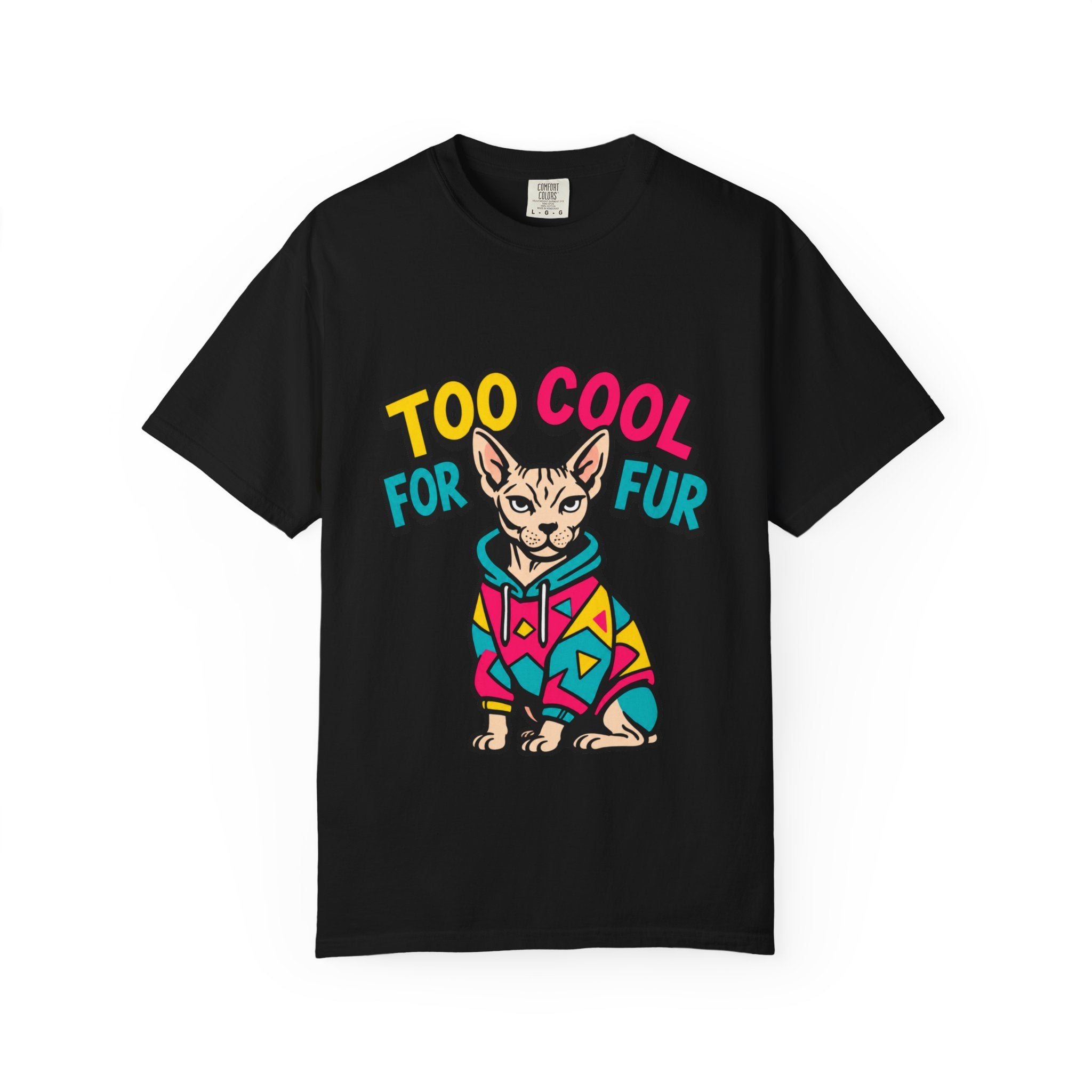 Too Cool for Fur Sphynx Cat T-Shirt — Retro Colorblock Graphic Tee