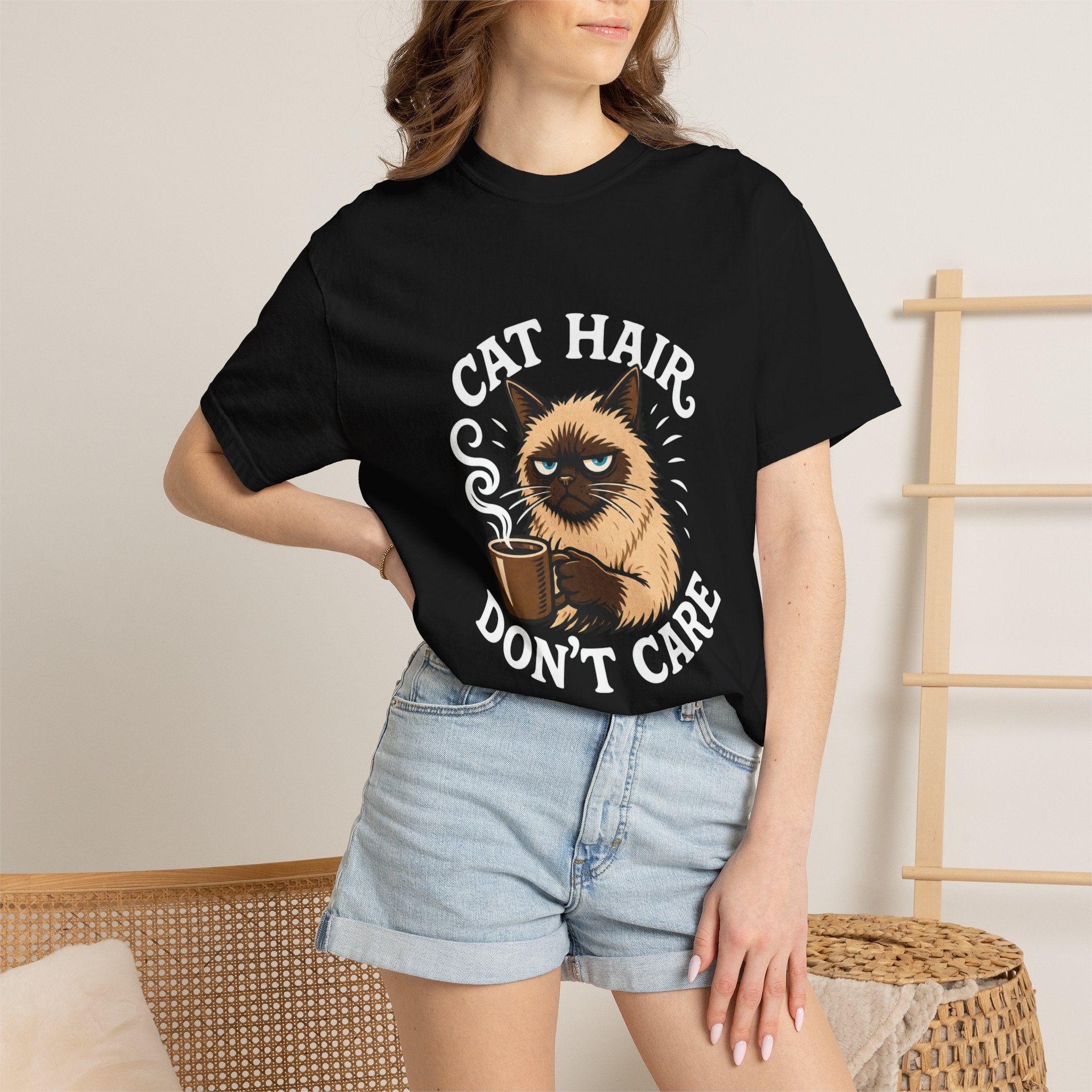 Cat Hair Don’t Care T-Shirt — Funny Coffee Cat Tee for Cat Lovers