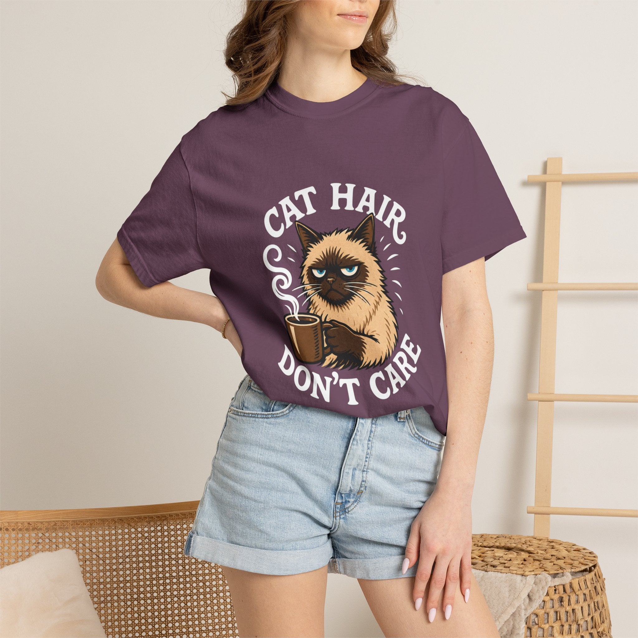 Cat Hair Don’t Care T-Shirt — Funny Coffee Cat Tee for Cat Lovers
