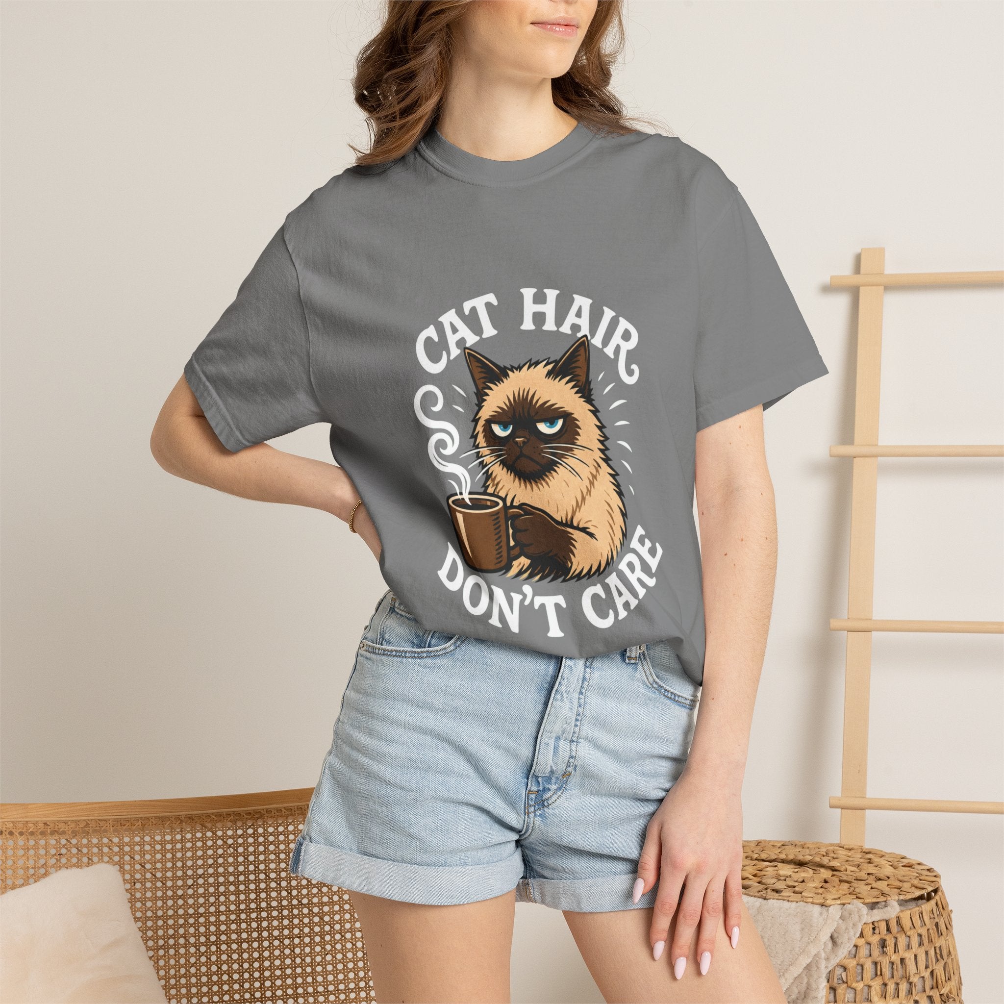 Cat Hair Don’t Care T-Shirt — Funny Coffee Cat Tee for Cat Lovers