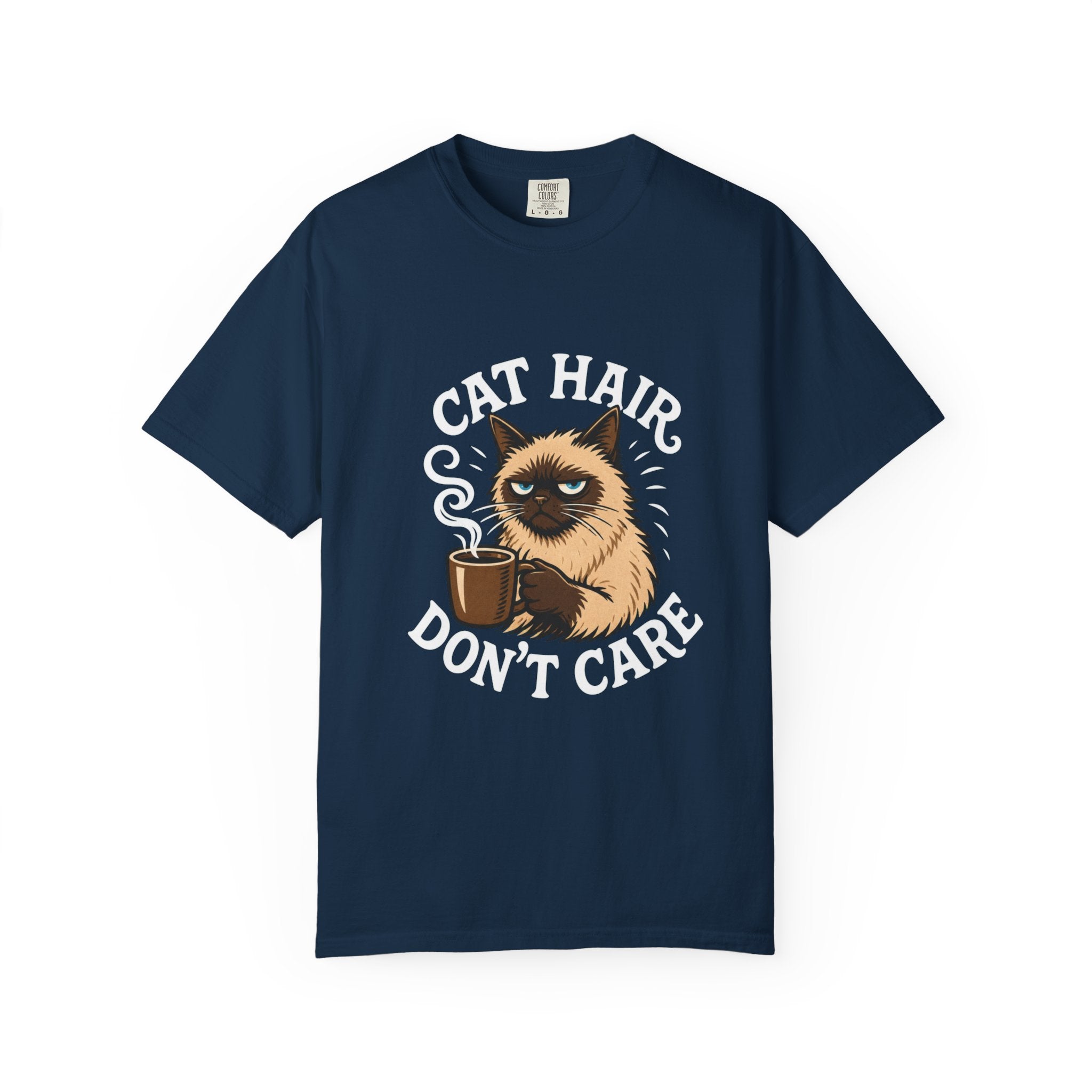Cat Hair Don’t Care T-Shirt — Funny Coffee Cat Tee for Cat Lovers