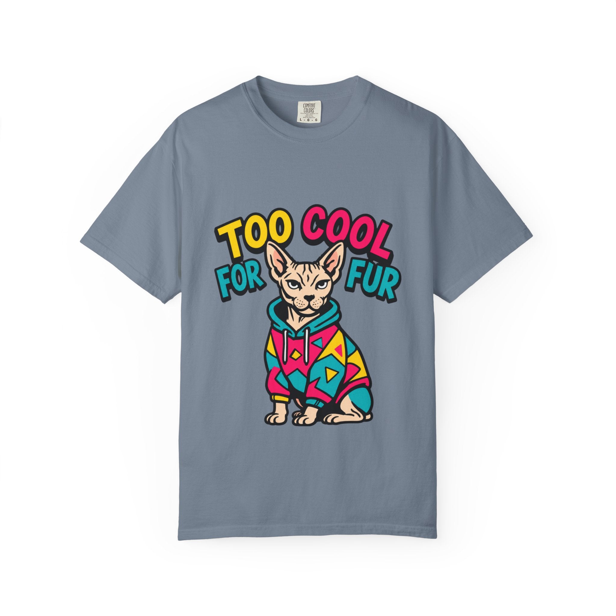 Too Cool for Fur Sphynx Cat T-Shirt — Retro Colorblock Graphic Tee