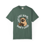 Cat Hair Don’t Care T-Shirt — Funny Coffee Cat Tee for Cat Lovers