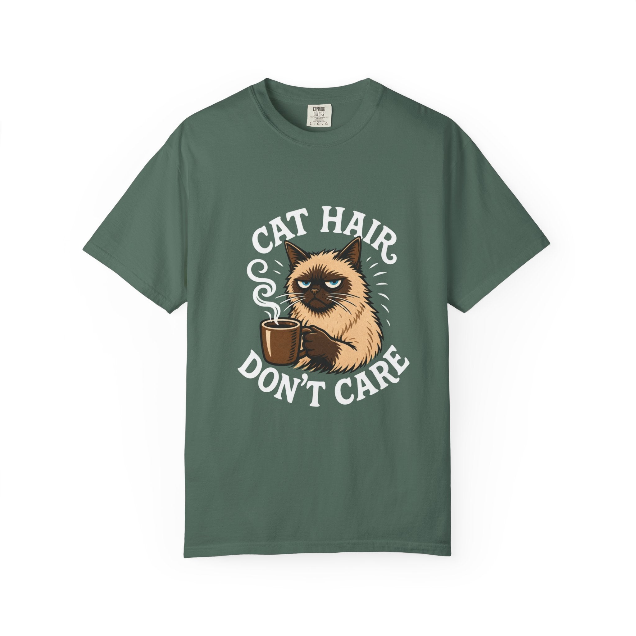 Cat Hair Don’t Care T-Shirt — Funny Coffee Cat Tee for Cat Lovers