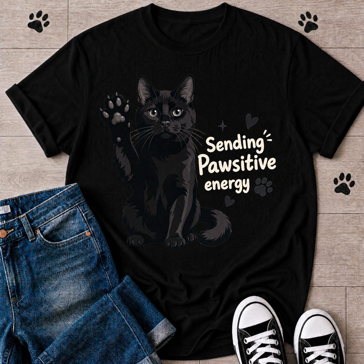 Sending Pawsitive Vibes Cat Graphic T-Shirt
