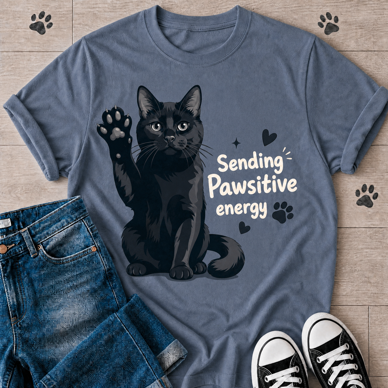 Sending Pawsitive Vibes Cat Graphic T-Shirt