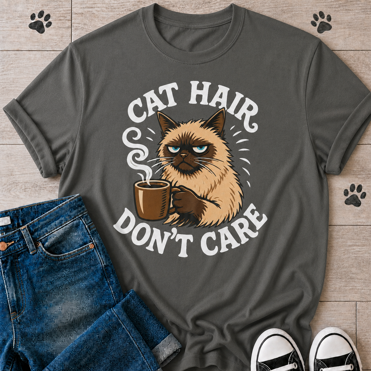 Cat Hair Don’t Care T-Shirt — Cute Grumpy Cat Coffee Tee for Cat Lovers