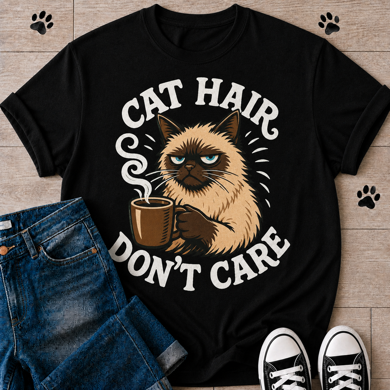 Cat Hair Don’t Care T-Shirt — Cute Grumpy Cat Coffee Tee for Cat Lovers