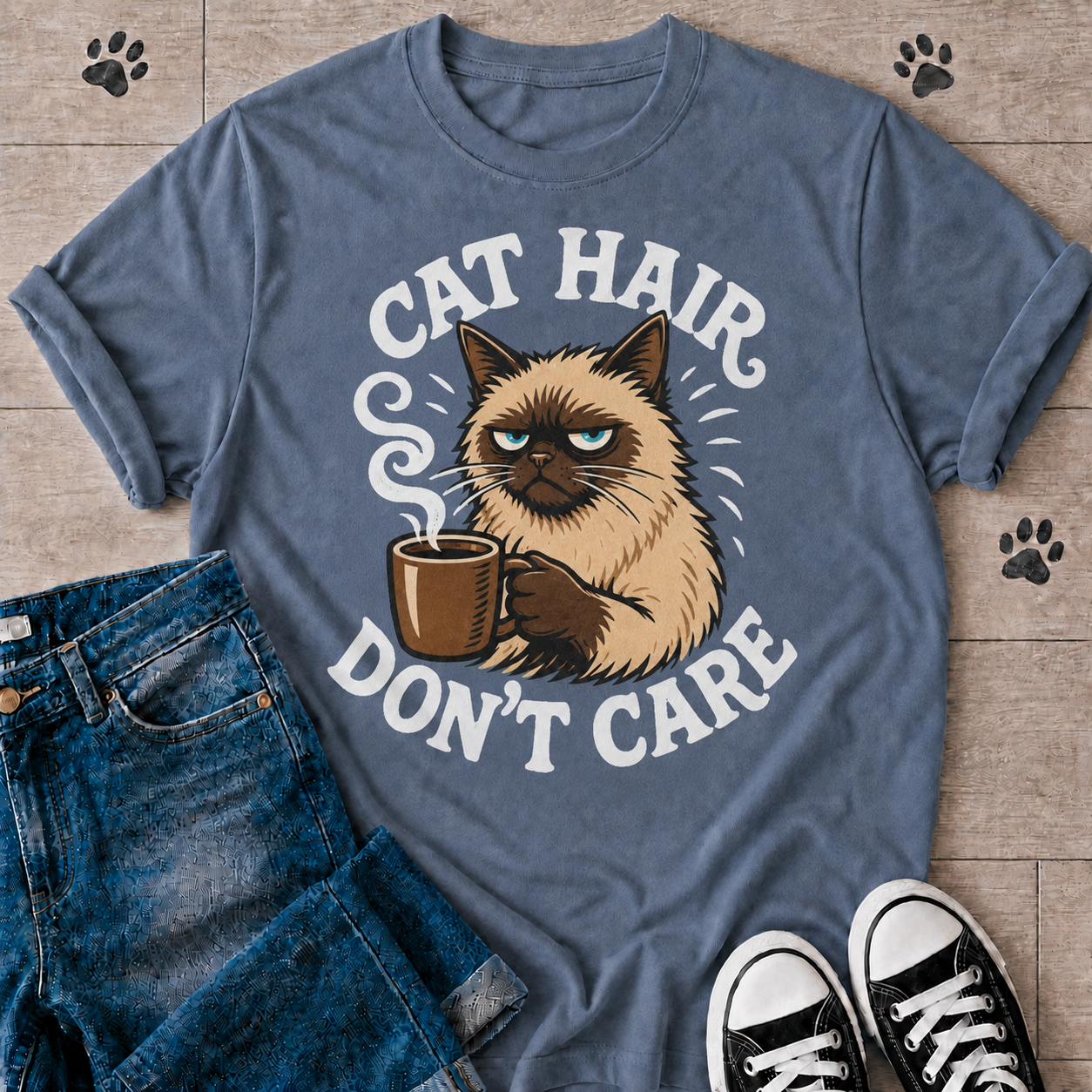 Cat Hair Don’t Care T-Shirt — Cute Grumpy Cat Coffee Tee for Cat Lovers
