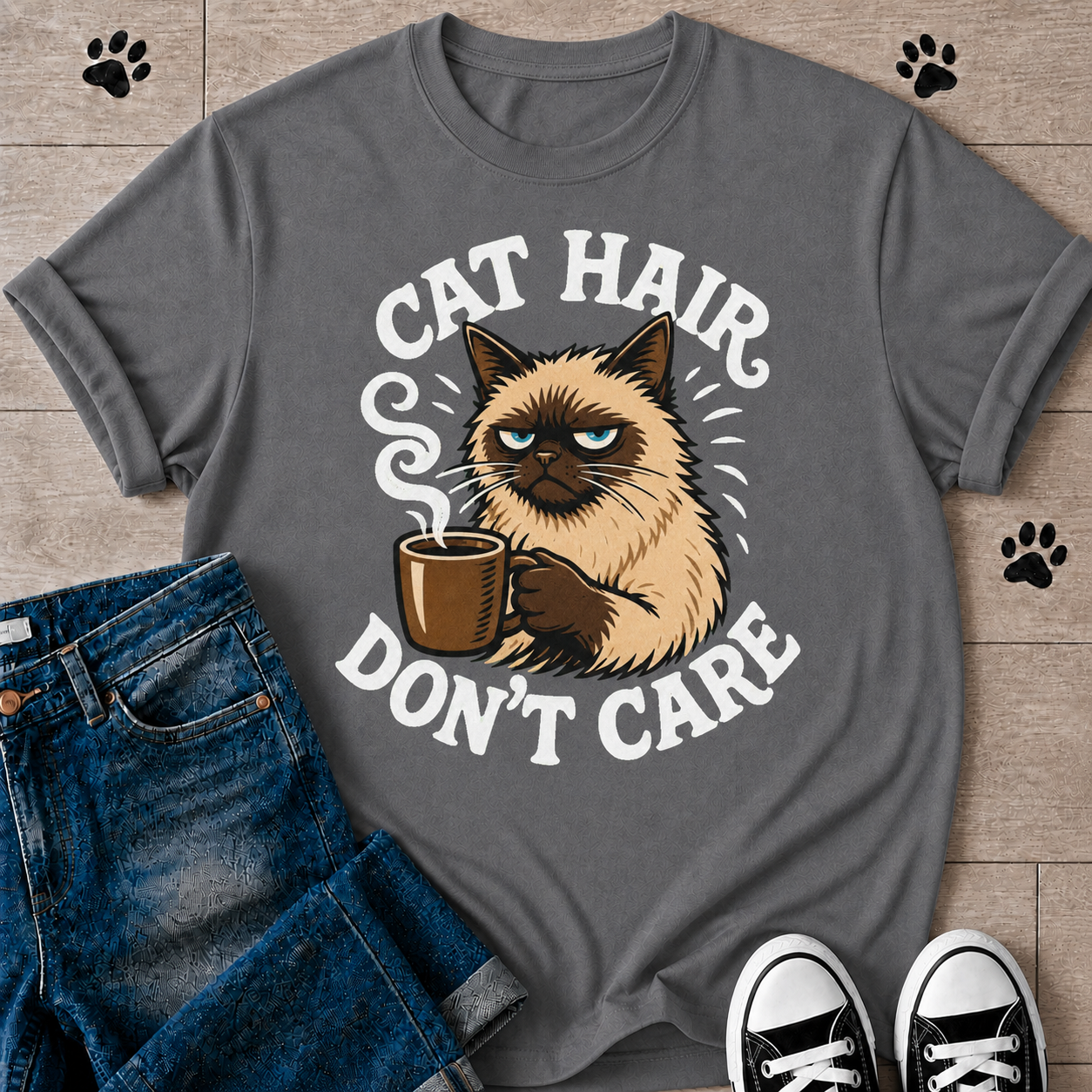 Cat Hair Don’t Care T-Shirt — Cute Grumpy Cat Coffee Tee for Cat Lovers