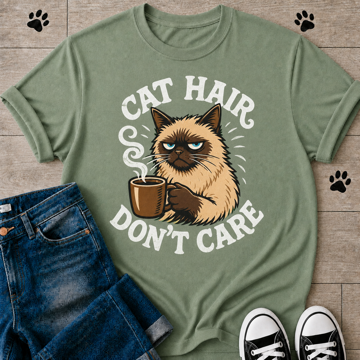 Cat Hair Don’t Care T-Shirt — Cute Grumpy Cat Coffee Tee for Cat Lovers