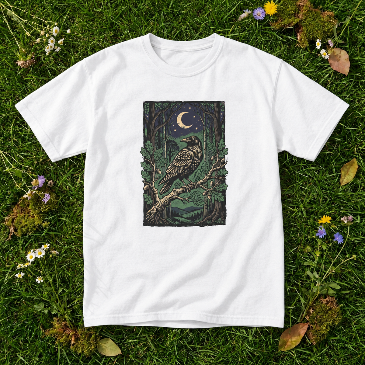 Midnight Raven Forest T-Shirt | Moonlit Gothic Nature Graphic Tee