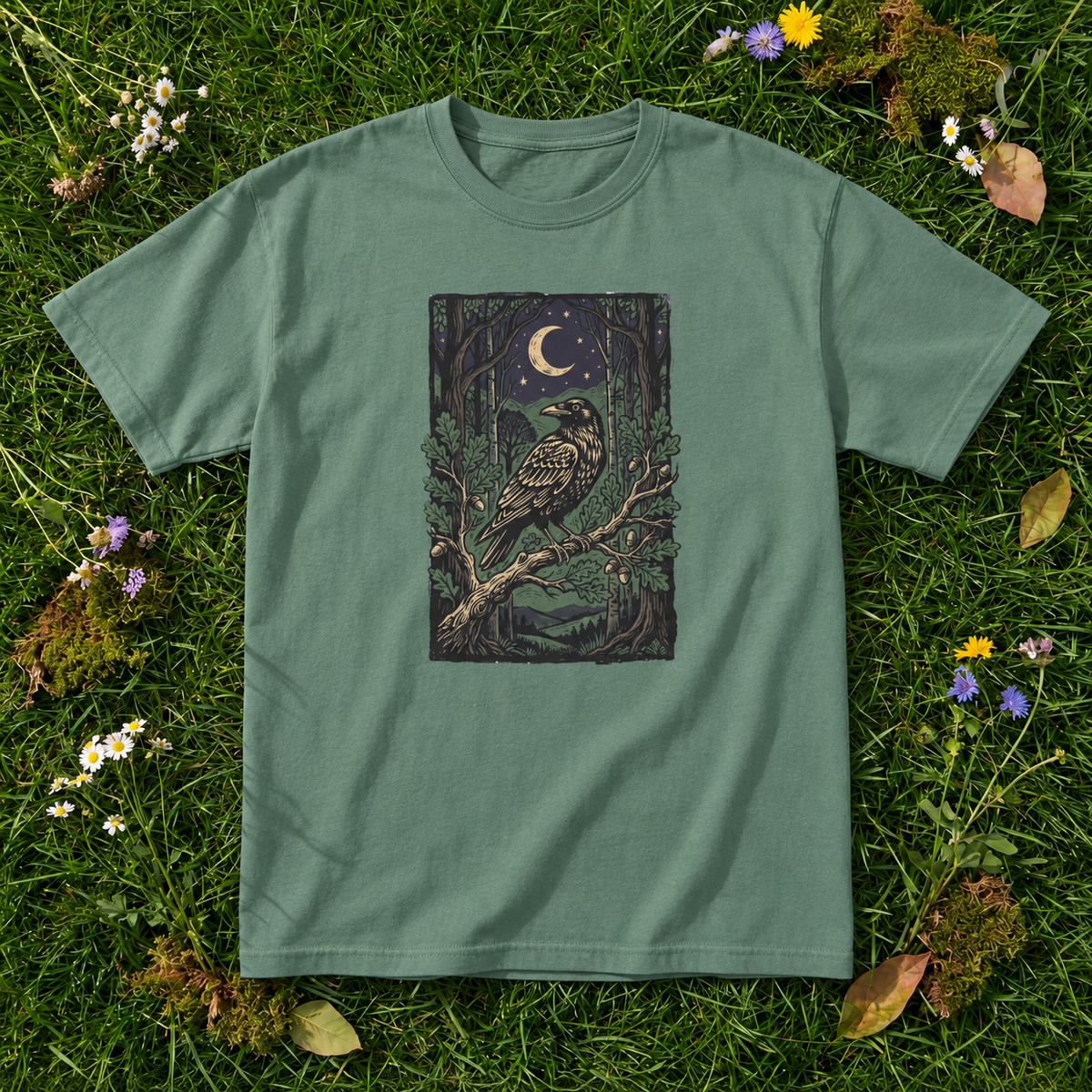 Midnight Raven Forest T-Shirt | Moonlit Gothic Nature Graphic Tee