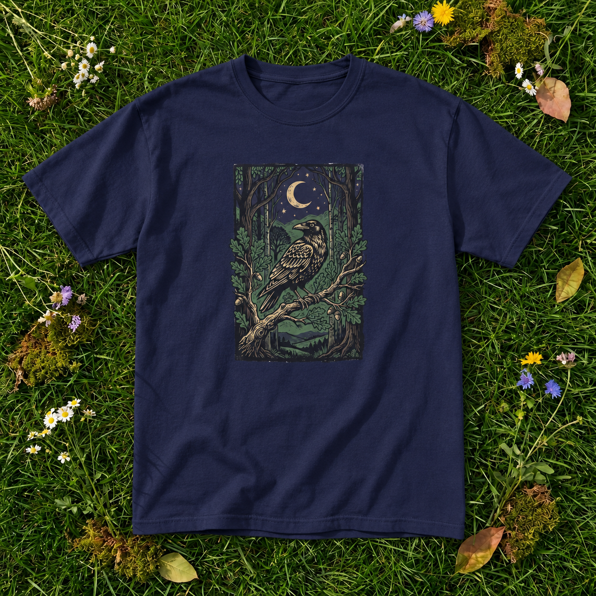 Midnight Raven Forest T-Shirt | Moonlit Gothic Nature Graphic Tee