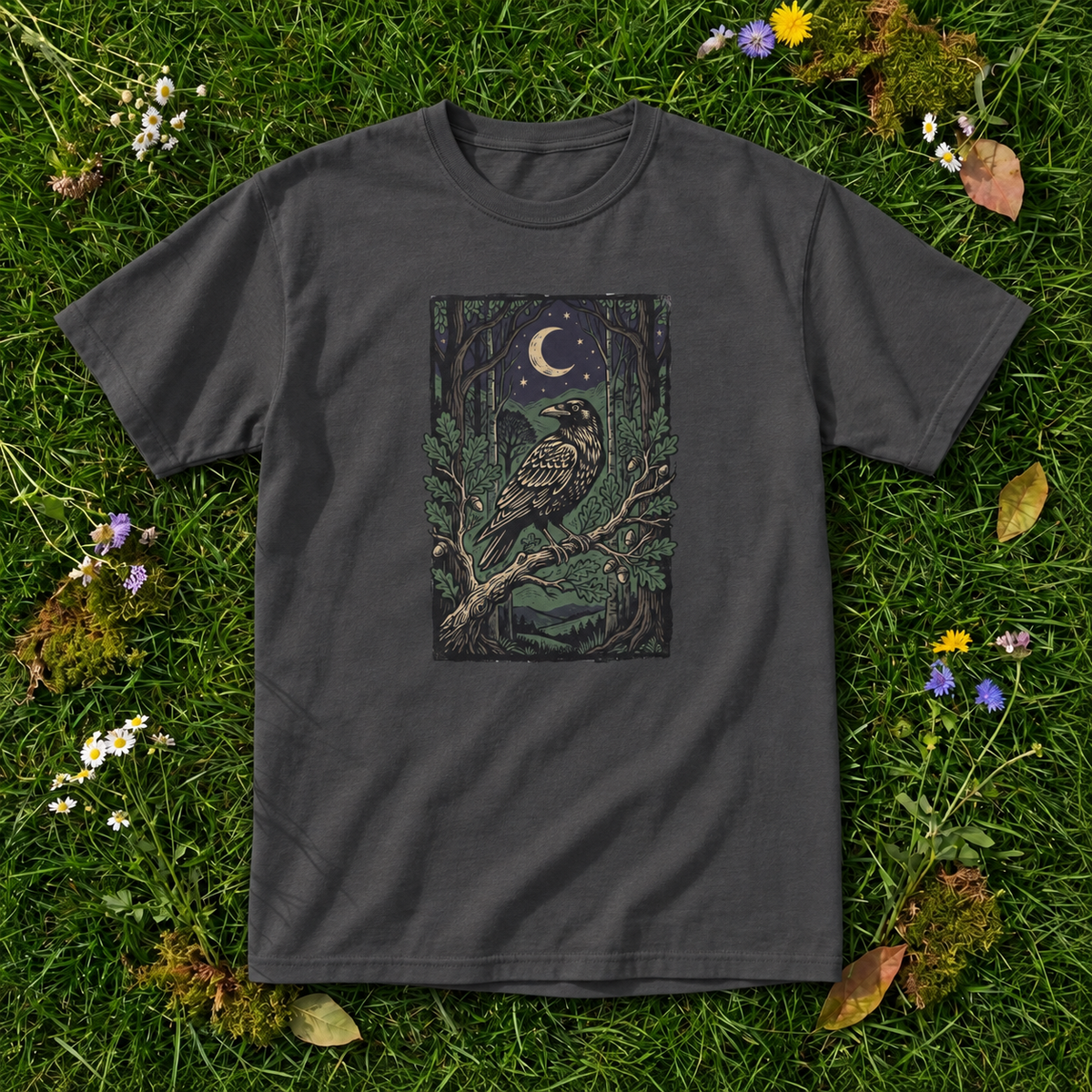 Midnight Raven Forest T-Shirt | Moonlit Gothic Nature Graphic Tee