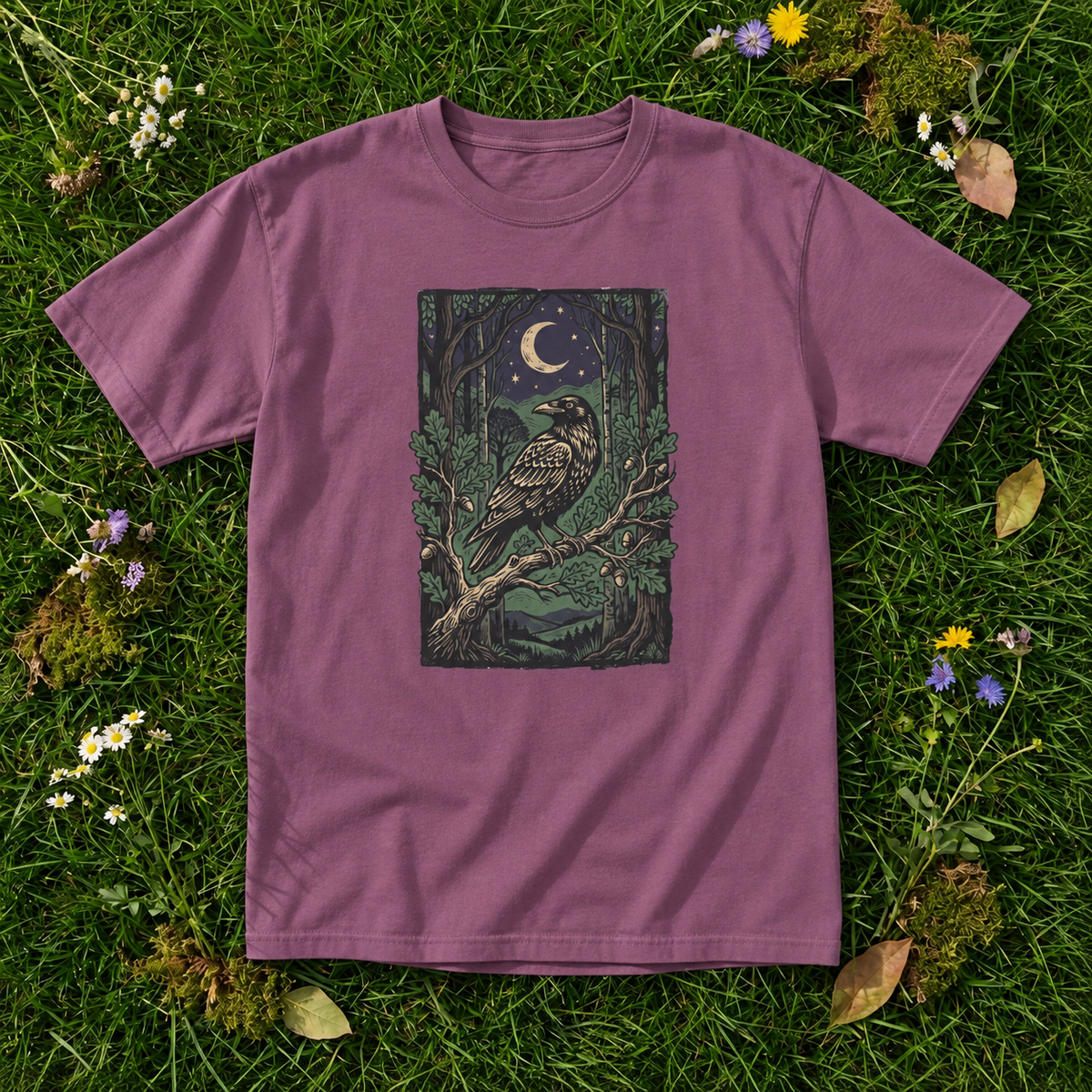 Midnight Raven Forest T-Shirt | Moonlit Gothic Nature Graphic Tee