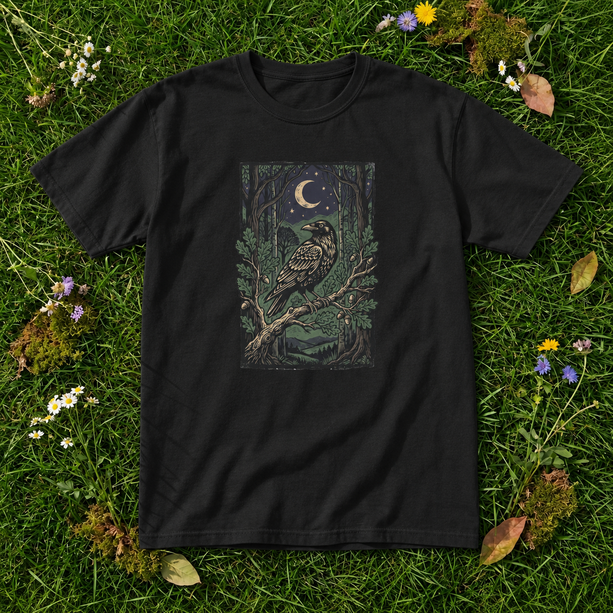 Midnight Raven Forest T-Shirt | Moonlit Gothic Nature Graphic Tee