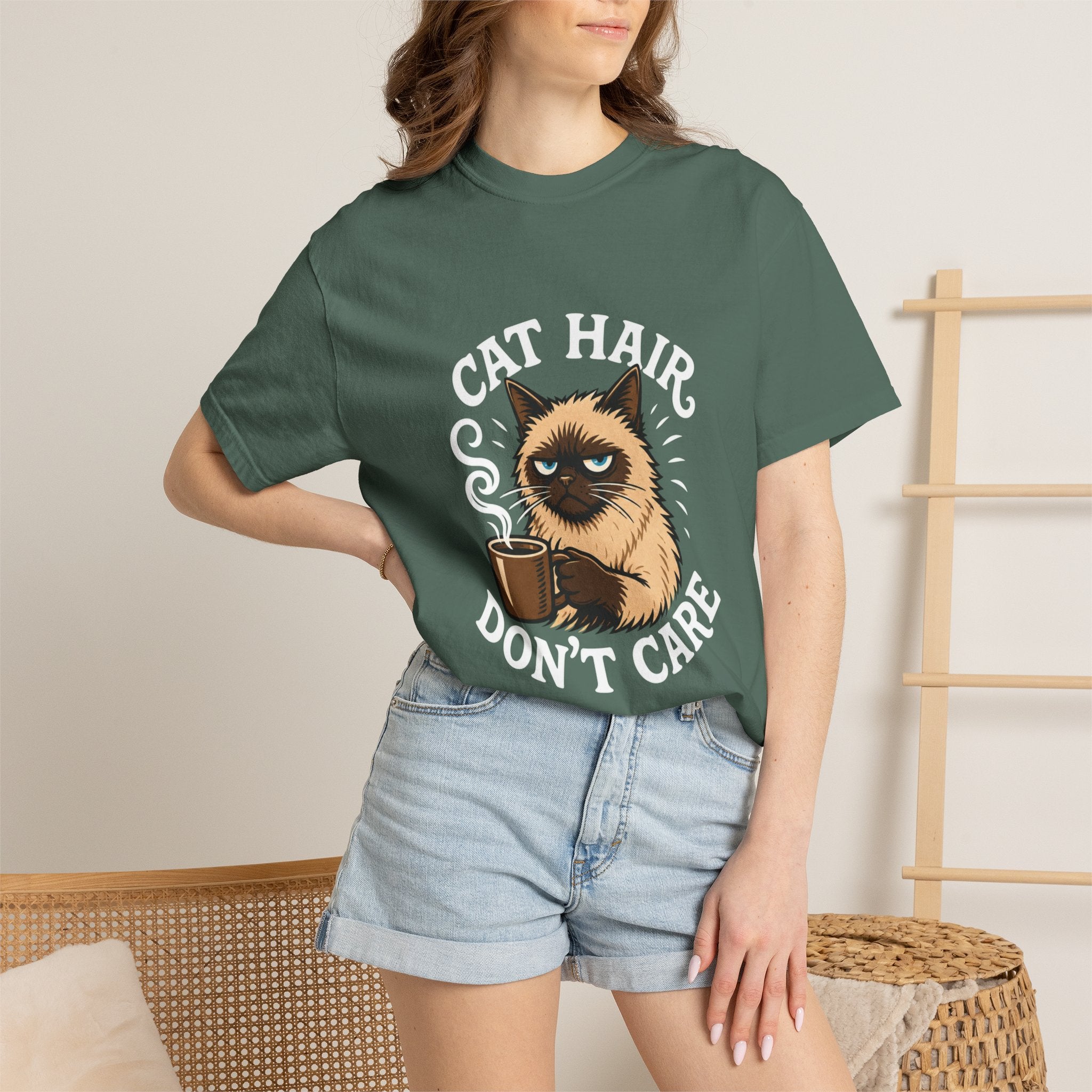 Cat Hair Don’t Care T-Shirt — Funny Coffee Cat Tee for Cat Lovers