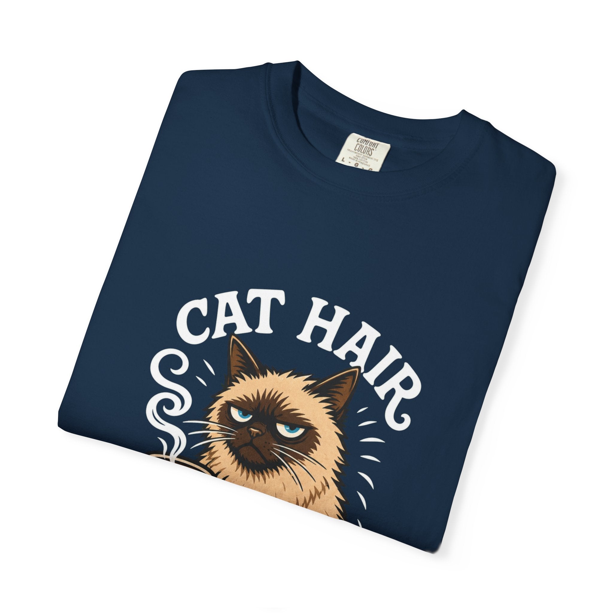 Cat Hair Don’t Care T-Shirt — Funny Coffee Cat Tee for Cat Lovers