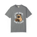 Cat Hair Don’t Care T-Shirt — Funny Coffee Cat Tee for Cat Lovers