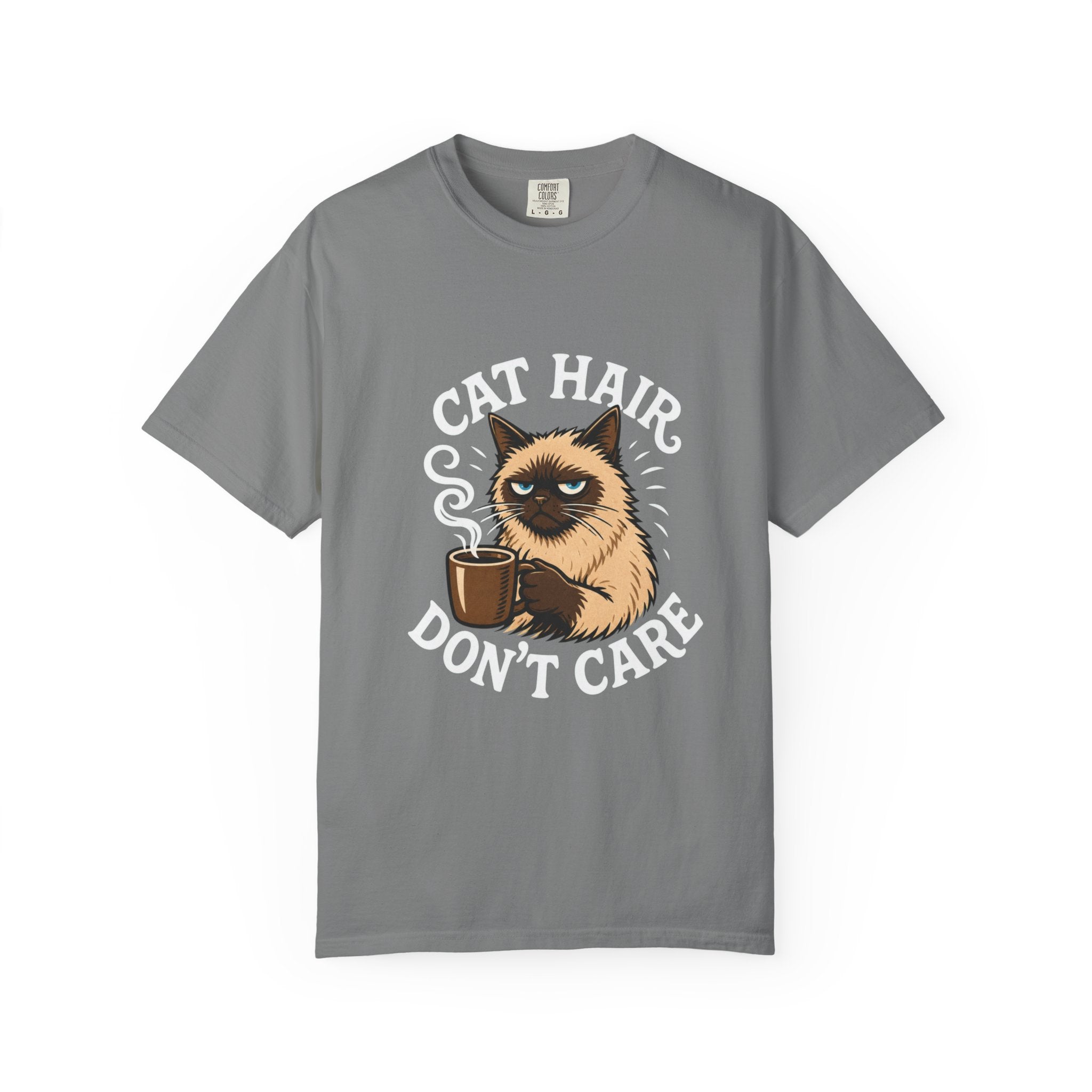 Cat Hair Don’t Care T-Shirt — Funny Coffee Cat Tee for Cat Lovers