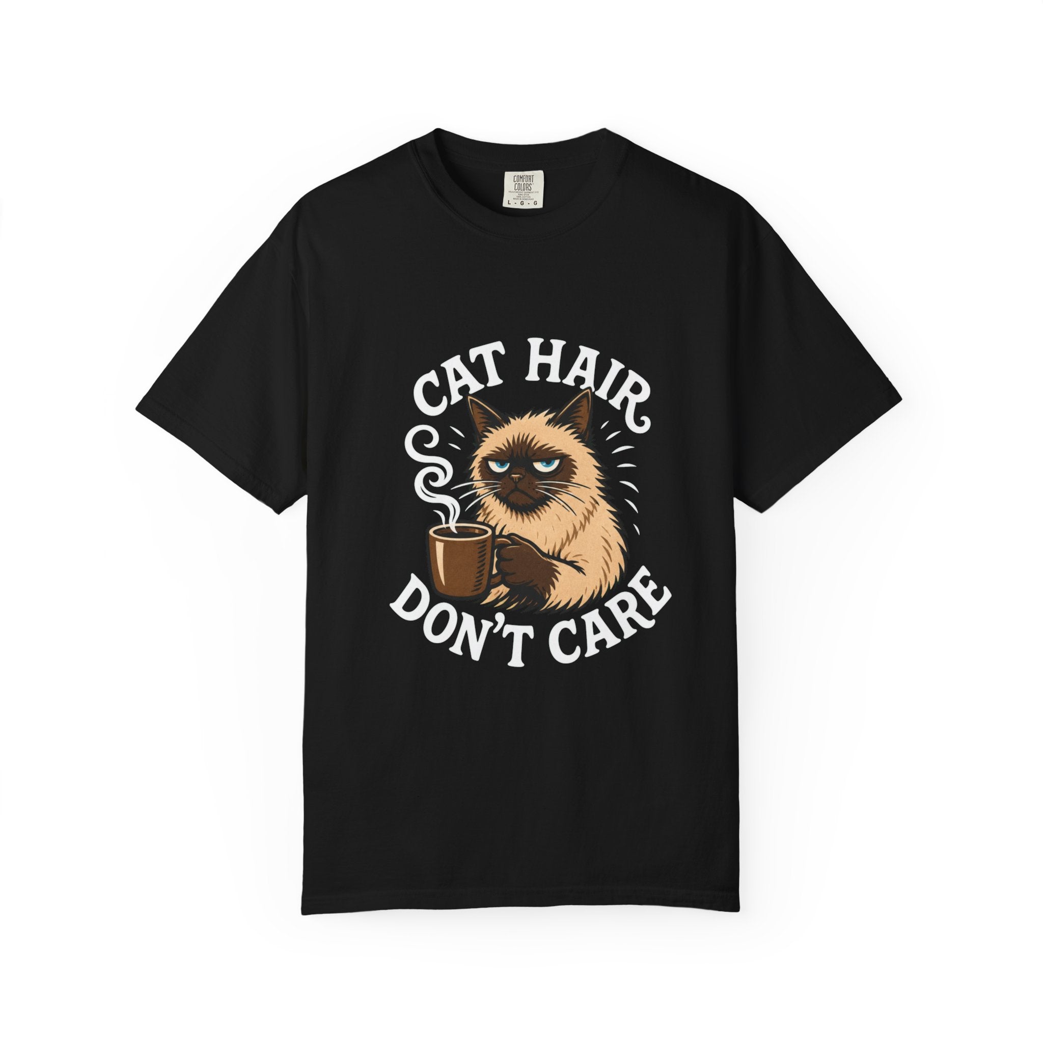 Cat Hair Don’t Care T-Shirt — Funny Coffee Cat Tee for Cat Lovers