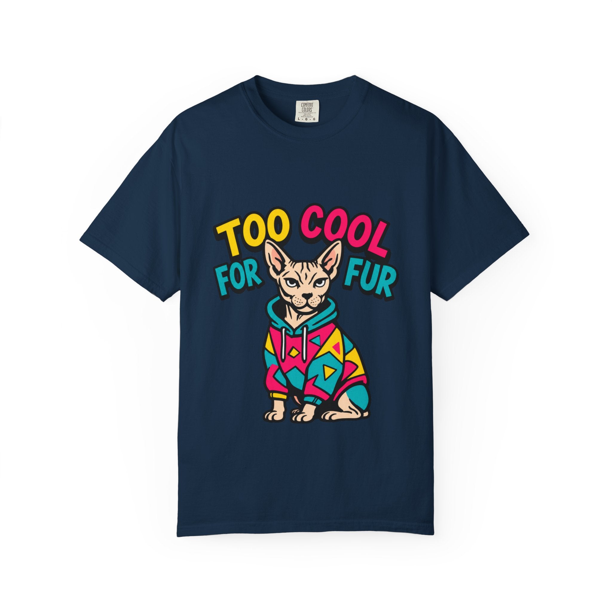 Too Cool for Fur Sphynx Cat T-Shirt — Retro Colorblock Graphic Tee
