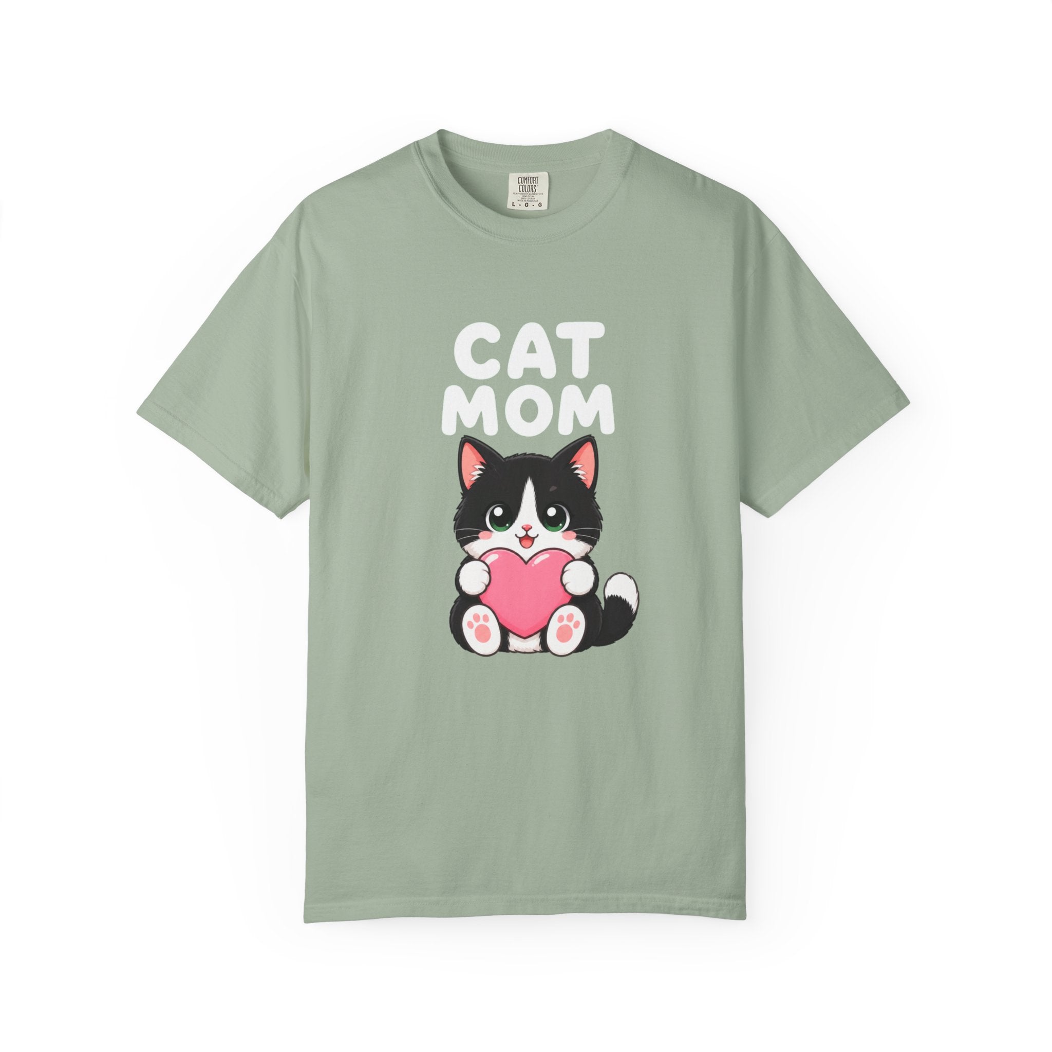 Cat Mom T-Shirt — Cute Tuxedo Kitten Holding Heart Graphic