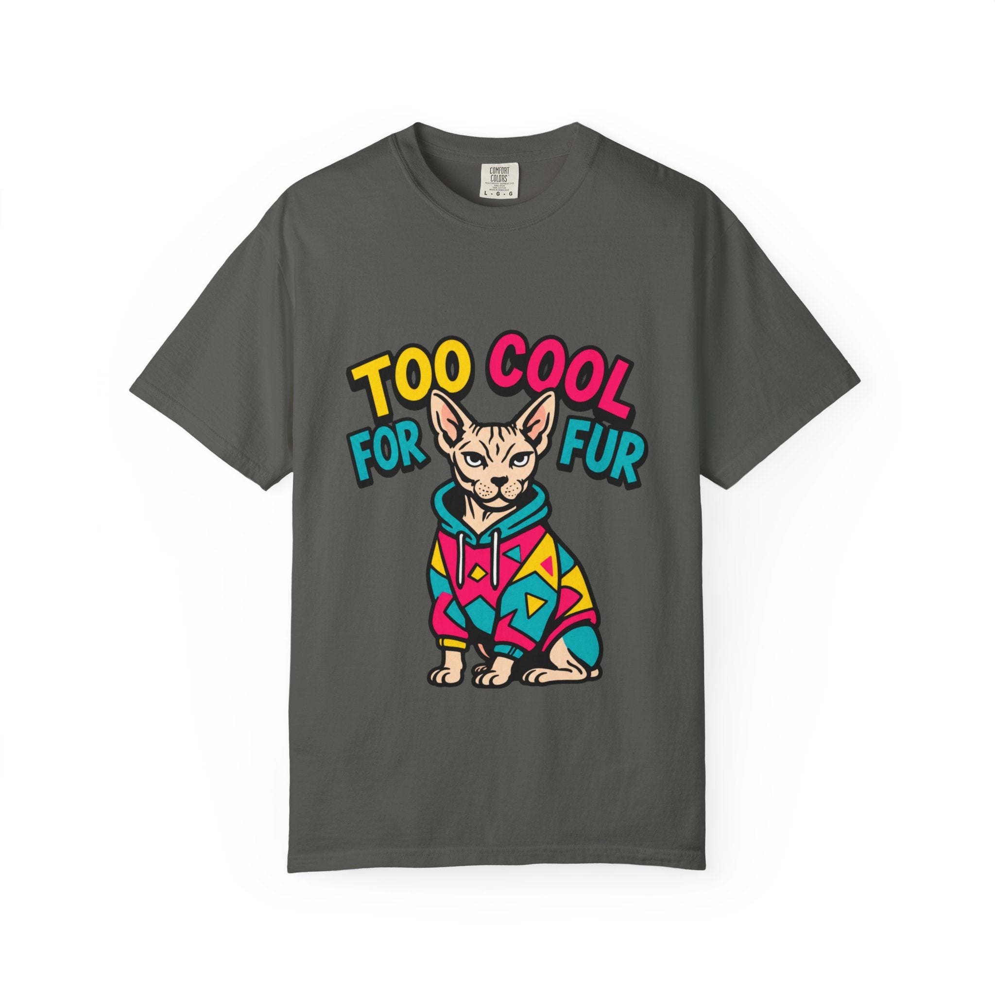 Too Cool for Fur Sphynx Cat T-Shirt — Retro Colorblock Graphic Tee