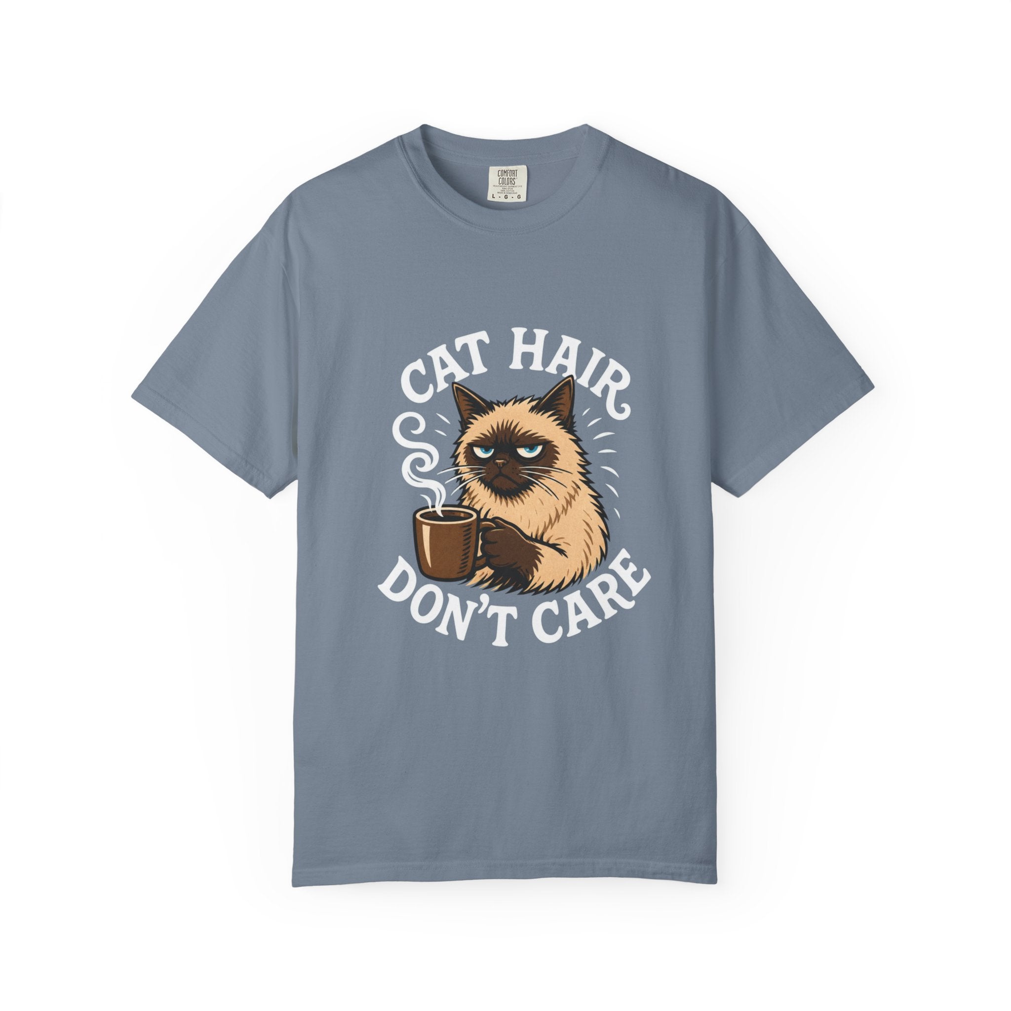 Cat Hair Don’t Care T-Shirt — Funny Coffee Cat Tee for Cat Lovers
