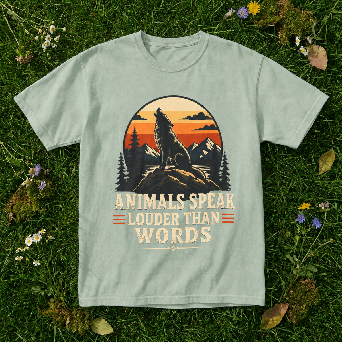 Animals Speak Louder Than Words wolf T-shirt in Bay on grass and wildflowers