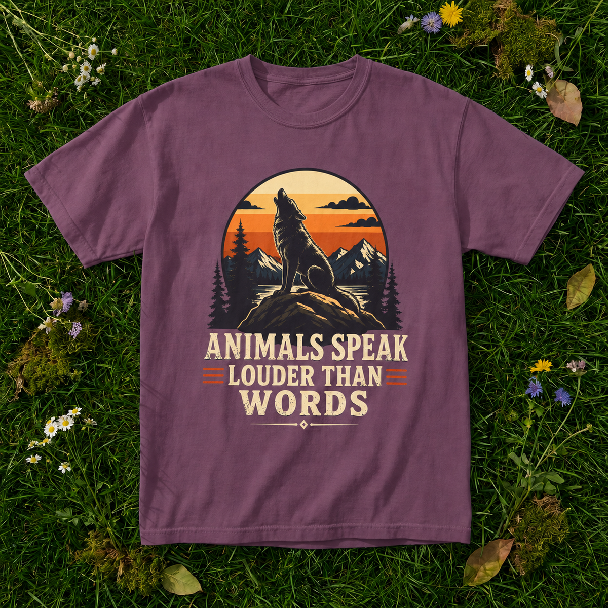 Animals Speak Louder Than Words wolf T-shirt in Berry on grass and wildflowers