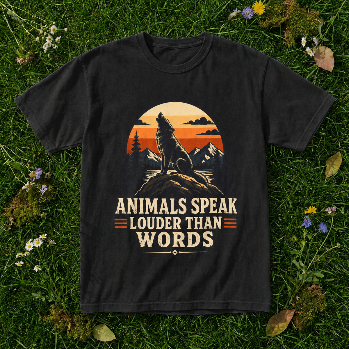 Animals Speak Louder Than Words wolf T-shirt in Black on grass and wildflowers