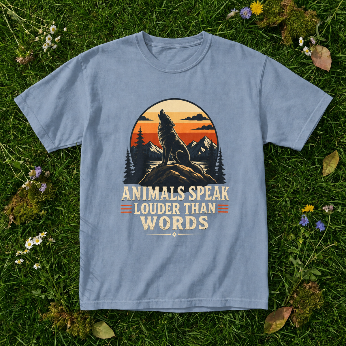 Animals Speak Louder Than Words wolf T-shirt in Blue Jean on grass and wildflowers