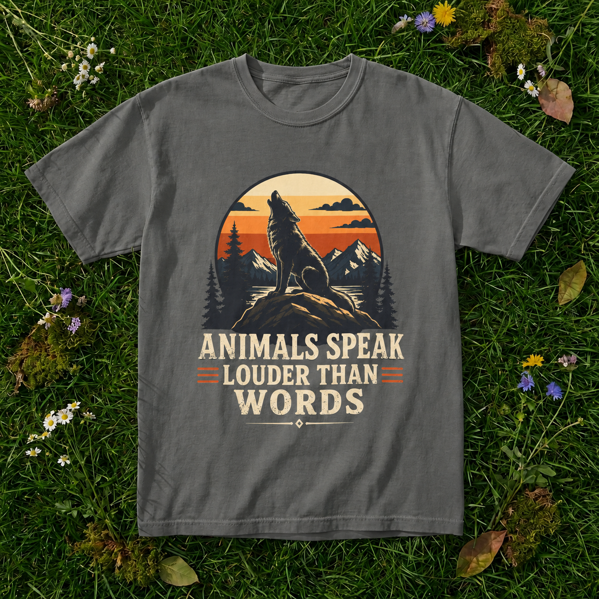 Animals Speak Louder Than Words wolf T-shirt in Pepper on grass and wildflowers