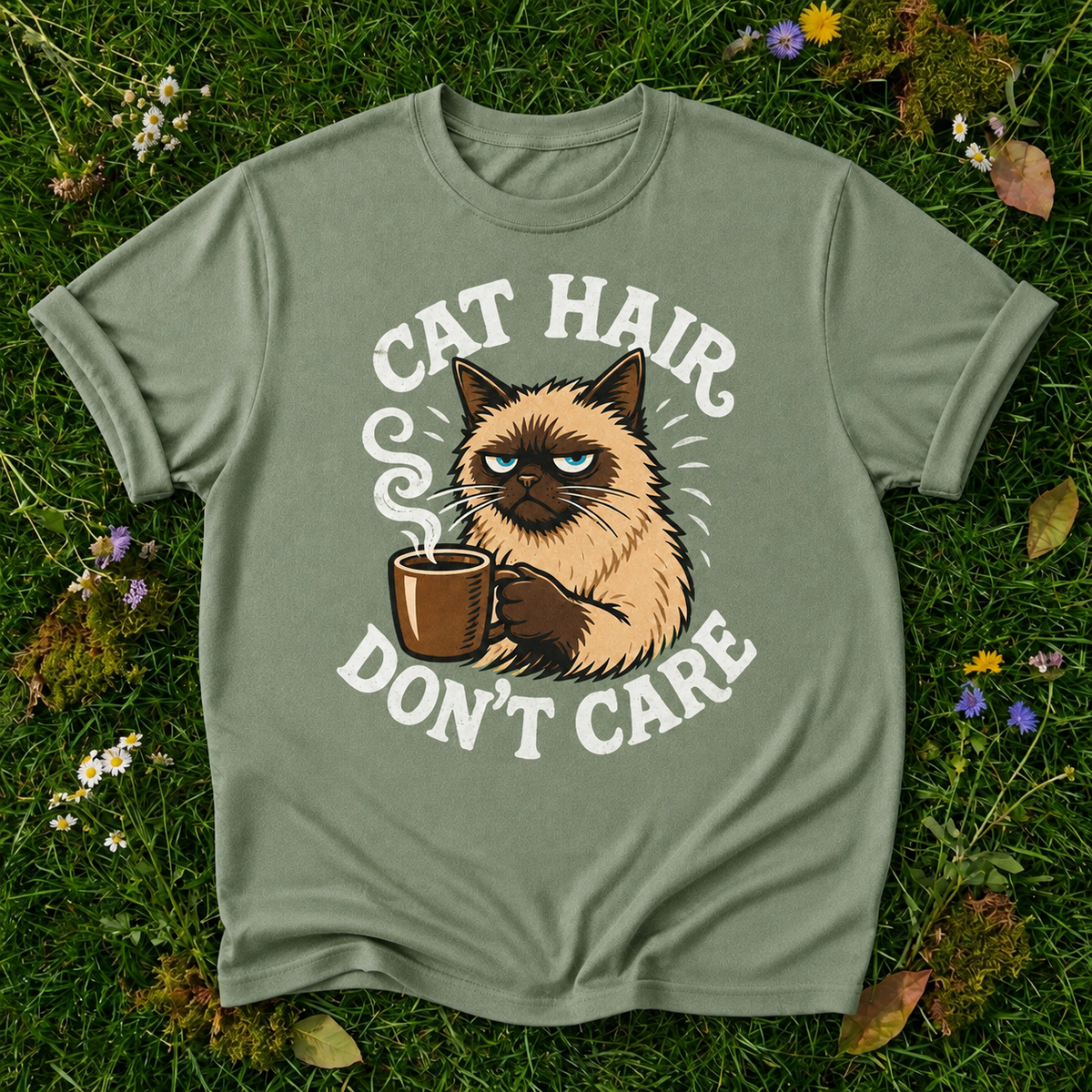 Cat Hair Don’t Care T-Shirt — Cute Grumpy Cat Coffee Tee for Cat Lovers in Bay on grass