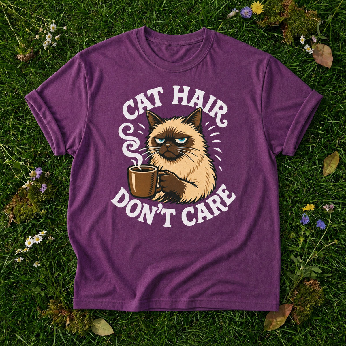Cat Hair Don’t Care T-Shirt — Cute Grumpy Cat Coffee Tee for Cat Lovers in Berry on grass