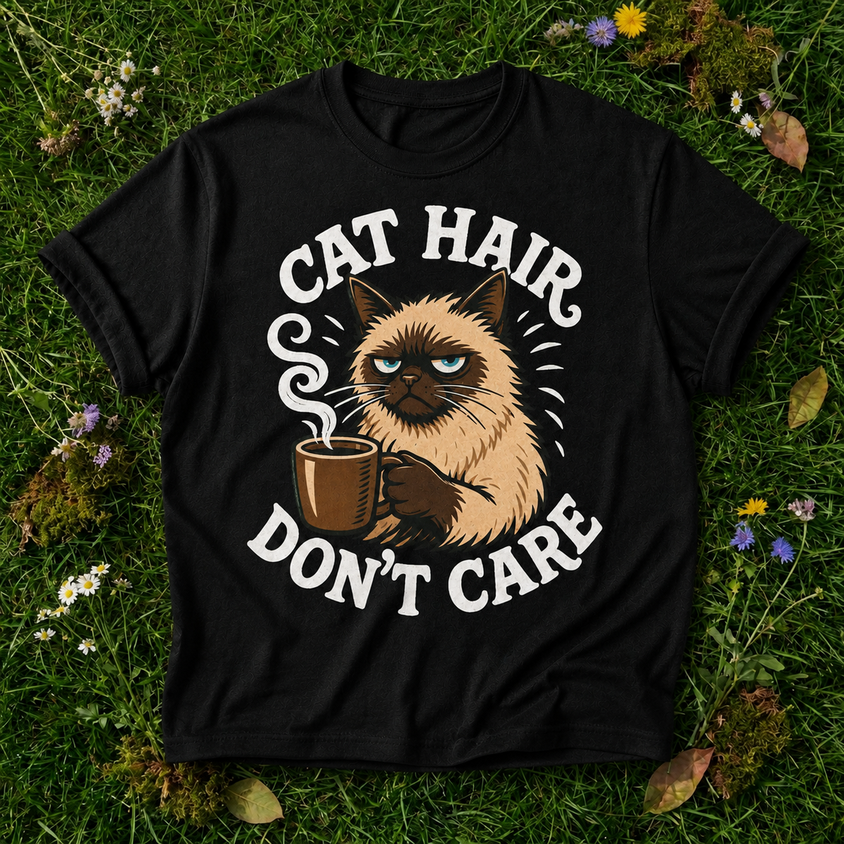 Cat Hair Don’t Care T-Shirt — Cute Grumpy Cat Coffee Tee for Cat Lovers in Black on grass