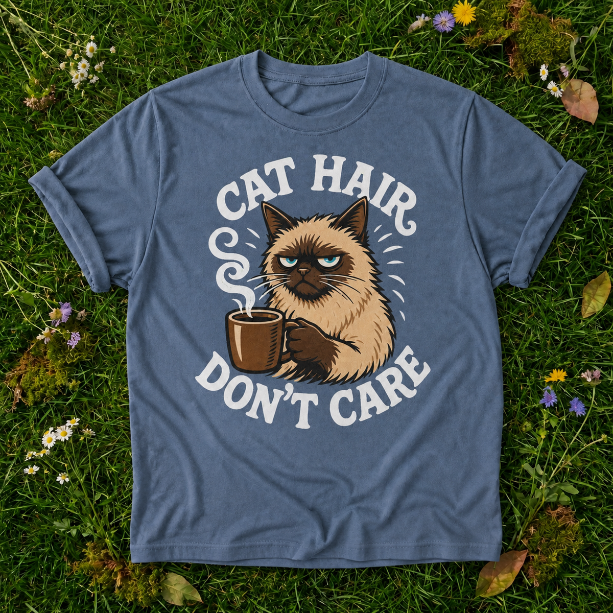 Cat Hair Don’t Care T-Shirt — Cute Grumpy Cat Coffee Tee for Cat Lovers in Blue Jean on grass