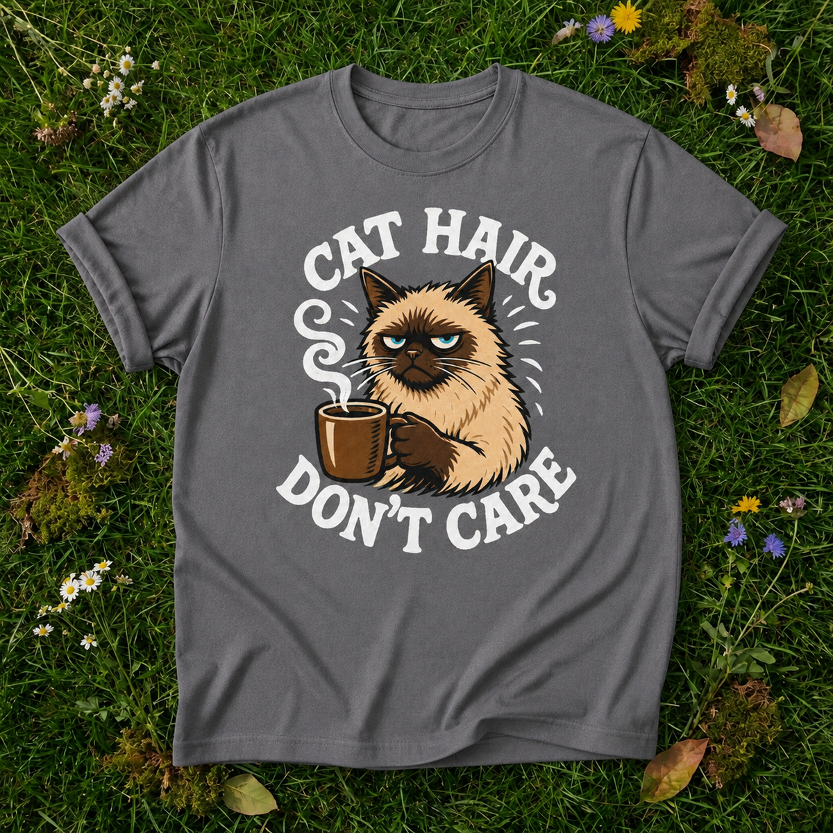 Cat Hair Don’t Care T-Shirt — Cute Grumpy Cat Coffee Tee for Cat Lovers in Grey on grass