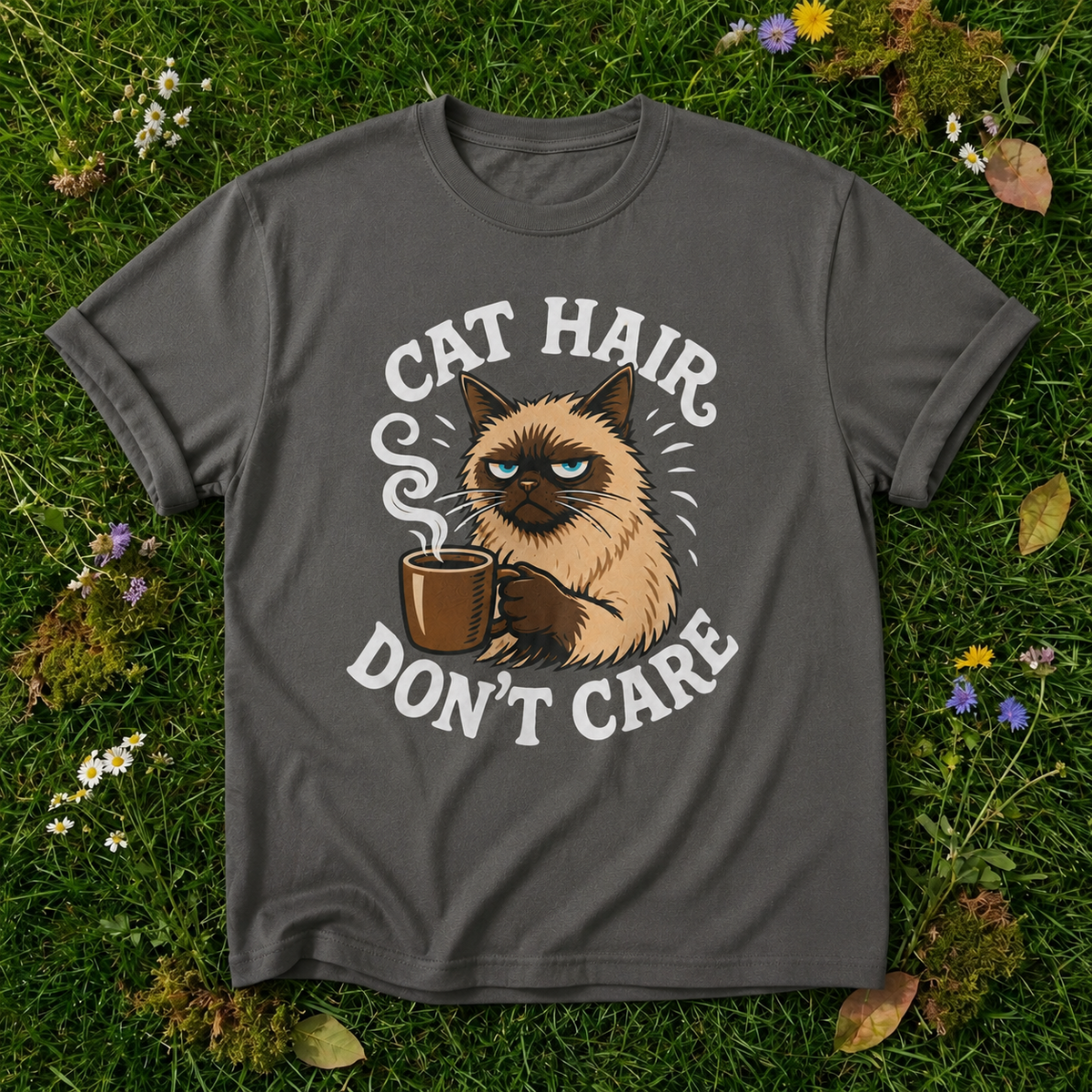 Cat Hair Don’t Care T-Shirt — Cute Grumpy Cat Coffee Tee for Cat Lovers in Pepper on grass