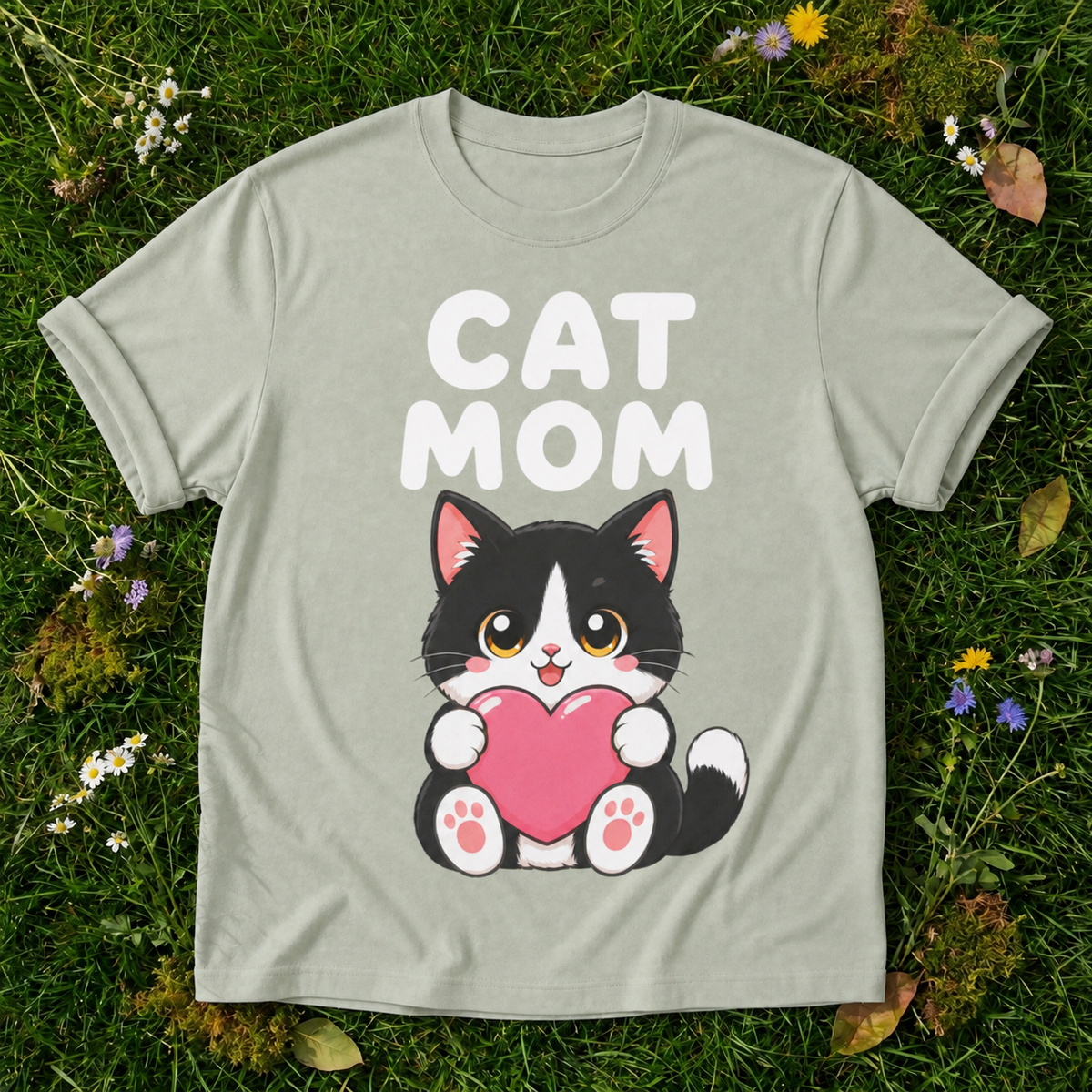 Cat Mom — Cute Tuxedo Cat Tee in Bay on grass