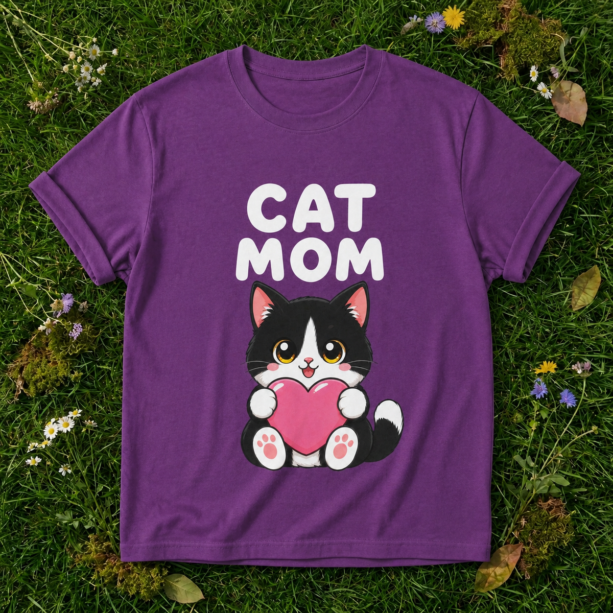 Cat Mom — Cute Tuxedo Cat Tee in Berry on grass