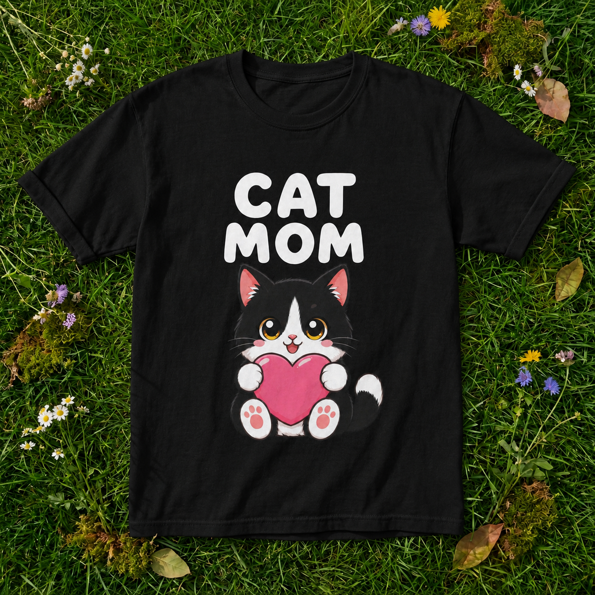 Cat Mom — Cute Tuxedo Cat Tee in Black on grass